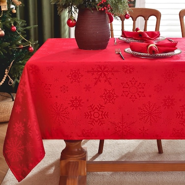 Christmas Red Tablecloth Rectangle, Jacquard Table Cloth Heavy Weight and Wrinkle Resistant with Snowflake Patterns, Damask Rectangular Tablecloths for Dining Room &amp; Holiday Decoration, 60" x 84" Red