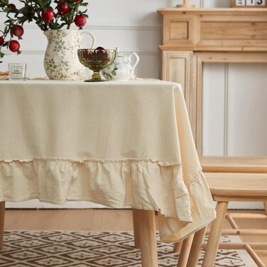 Tootop Cotton Tablecloth Ruffle Patchwork Tablecloth Beige Square Farmhouse Vintage Tablecloth Washable Kitchen Banquet Tablecloth for 3-4 Feet Square Tablecloth 60''x60'' Beige Cotton