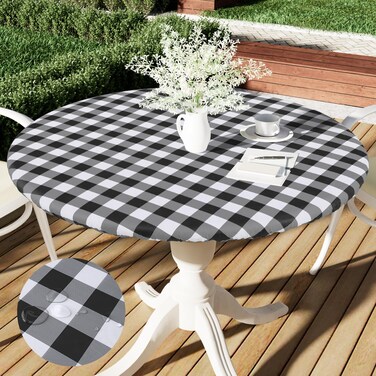 Smiry Round Picnic Table Cloth, Elastic Waterproof Fitted Vinyl Tablecloth for 36"-44" Tables, Flannel Backed Buffalo Plaid Table Covers for Dining, Camping, Outdoor, Black and White