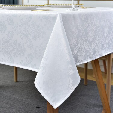 SASTYBALE White Tablecloth Rectangle 52 x 70 Inch Jacquard Damask Tablecloth, Spill Proof &amp; Wrinkle Resistant Polyester Table Cloth, Washable Table Cover for Party, Dining, Indoor, Outdoor