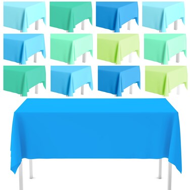 Kinlop 12 Pcs Plastic Light Sky Blue Tablecloths Green Disposable Rectangle Table Covers 54 x 72 Inch for Gender Reveal Parties Baby Shower Engagement Wedding, Fits 5 to 6 Foot Rectangle Tables