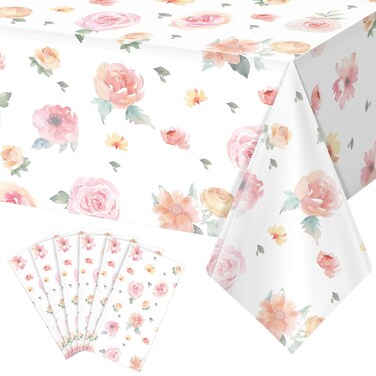 6 Pcs Spring Floral Tablecloth, Pink Wildflower Plastic Disposable Tablecloth Rectangle Table Covers for Easter, Birthday, Wedding,Baby Shower Tea Party and Mothers Day Decorations,54 x 108 Inch