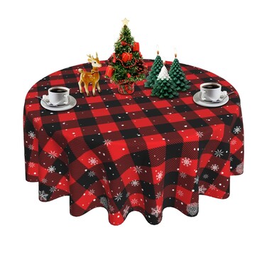 SuQKXCo Christmas Snowflake Round Table Cloths Red Black Buffalo Plaid Tablecloth 60 inch Cover Mat Spill Proof Table Covers for Kitchen Party Dinner Tabletop Decoration
