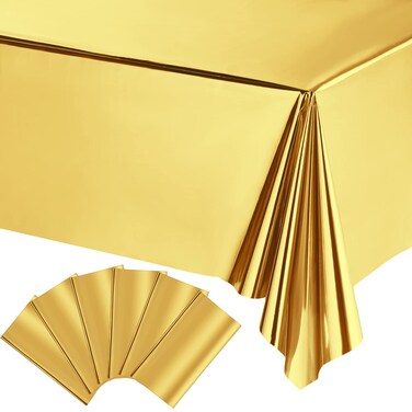 Foil Party Rectangular Table Covers Table Cloth 54 x 108 Inch Shiny Plastic Waterproof Tablecloth Party Table Cover for Wedding Anniversary Engagement Party (Gold, 6 Pieces)
