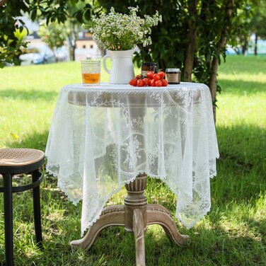 Huierxun White Lace Square Tablecloth for Square/Round Tables 55 x 55 Inch Vintage Embroidered Table Cloth Shabby Chic Wedding Baby Shower Table Cover (White, 55"x55")
