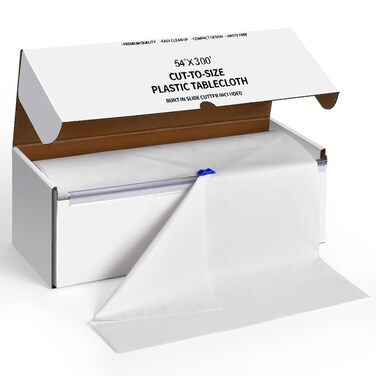 Plastic Table Cloth Disposable, 54In X 300Feet White Table Cover Roll, Disposable Tablecloth with Slide Cutter for Rectangle Round Table, Party Tablecloths for Birthday, Wedding, Picnic, Outdoor