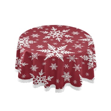 senya Christmas White Snowflake Red Round Tablecloths Washable Polyester Table Cover for Kitchen Dinning Parties Tabletop Decor 60 Inch