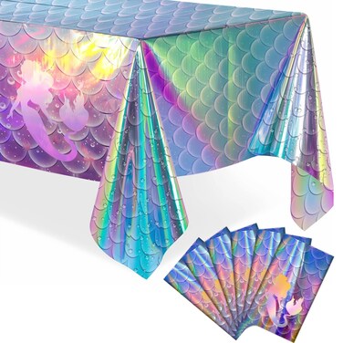 iCrius Mermaid Tablecloth, 6pcs - Disposable Iridescent Tablecloth - Little Mermaid Birthday Party Decorations (54 x 108 Inch)