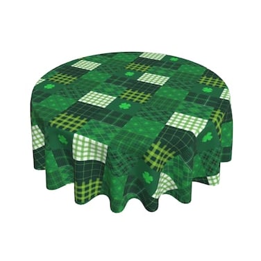Giwawa St. Patricks Day Tablecloth Round 60Inch Spring Clover Shamrock Print Table Cloth Cover with Green Black Buffalo Checkered Plaids Reusable Heat Resistance for Kitchen Dining Holiday Decor