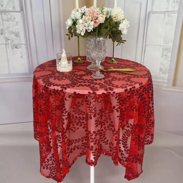 BTF Home Mesh Sequin Glitter Tablecloth,Red 50 x 50 Inches Round Sequin Embroidered Table Overlay Table Cloth for Wedding Party Birthday Shimmer Table Decor