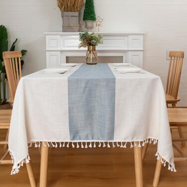 Winknowl Table Cloth Square Table, Cotton Linen Waterproof Tablecloths Wrinkle Free Table Cover with Tassels for Farmhouse Kitchen Dining Tables, Blue, 55x55 Inch
