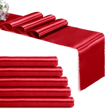Eychei Set of 5 Red Satin Table Runners, 12" x 108" Long Bright &amp; Smooth Table Runner with Scalloped Edges, Satin Table Cloth Table Runner Decor for Wedding, Party, Banquet