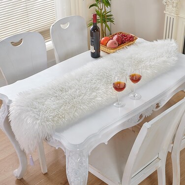 White Table Runner for Home Decor , Fluffy Fur Christmas Table Runners with Tassels for Dining Table ,Dresser ,Thanksgiving, Xmas ,Birthday ,Party ,11.8x70.7 inch