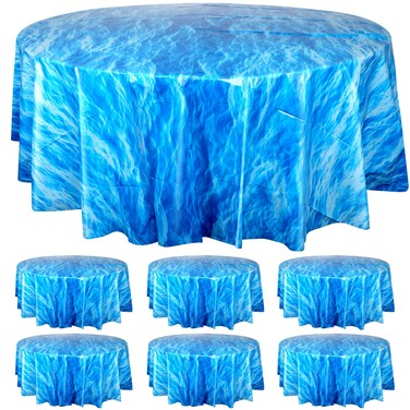 Hallswl 6 Pcs Round Ocean Waves Tablecloths Disposable Plastic Ocean Blue Table Cloth Round Table Covers for Under The Sea Beach Surf Ocean Pool Party Birthday Party Decorations, 84 Inch