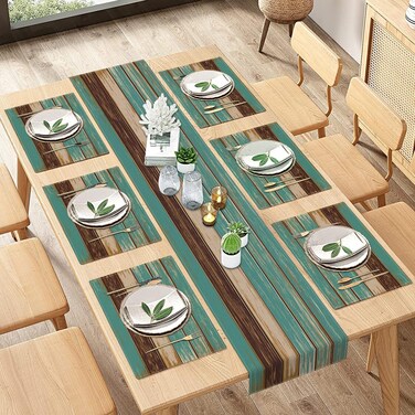 ArtSocket Farmhouse Table Runner and Placemats Set of 6, Blue Teal Green Board Painting Art Dining Table Decor for Daily Use(1 Table Runner 72 inches Long and 6 Placemats)