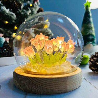(20 Flower) Assembled Tulip Lamp Night Light with Glass Dome, Cool Handmade Artificial Flower Table Lamp Bedroom Desk Decoration for Women Girlfriend Sister Besties Birthday Gift Unique (Pink)