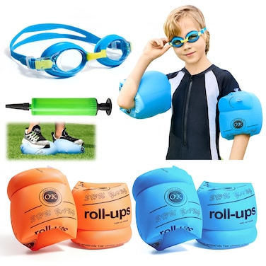 Arm Floats for Kids, Aoeoun Kids Arm Floaties, 4 Pack Arm Floaties with Swim Goggles and Inflator, Beginner Children's Swimming Set, Great for Helping Young Swimmers Build Confidence in The Water