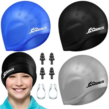 Janmercy 3 Pcs Swim Caps for Boys Girls Silicone Swimming Hat with 3D Ear Pockets for Age 6-15 Swim Bath Caps for Short/Long Hair with Ear Plug Nose Clip(Black, Blue, Grey)