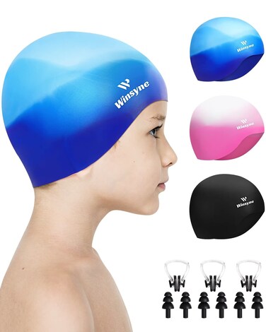 3 Pack Kids Swim Cap for Boys Girls, Unisex Silicone Swimming Caps for 3-15 Toddler Children Teen, Waterproof Bathing Caps for Short/Long Hair to Keep Hair Dry-6