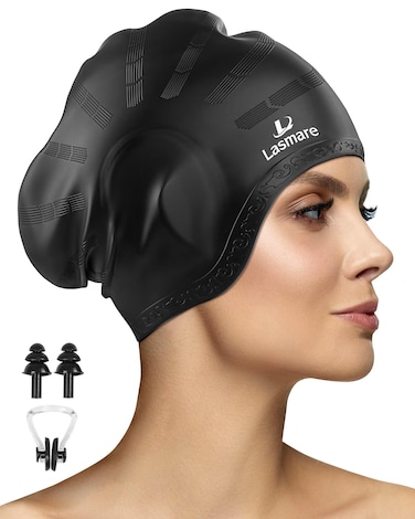 Long Hair Swim Cap for Women Men with 3D Ear Protection, Silicone Swimming Cap for Long/Short Hair to Keep Hair Dry, Waterproof Adult Swim Hats Bathing Caps with Ear Plugs &amp; Nose Clip (Black)