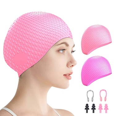 Swim Caps for Women Swimming Long Hair Waterproof Silicone Swimming Caps Durable Elastic Non-Slip Bathing Caps for Adults Unisex Men Youth, Pack of 2 (Pink + Red)