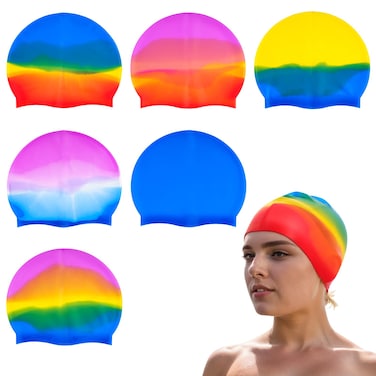 Fumwase 6PCS Silicone Swim Caps Unisex Adult Waterproof Swimming Hat Adult Swimming Cap Elastomeric for Long and Short Hair (6, Colorful)