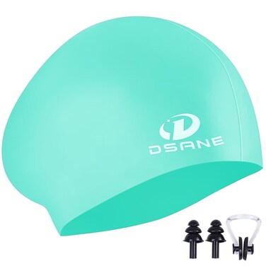 Womens Silicone Swim Cap for Long Hair,3D Ergonomic Design Silicone Swimming Caps for Women Kids Men Adults Boys Girls with Ear Plug and Nose Clip(Green/L)