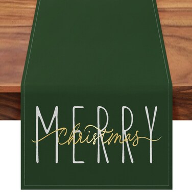 ONWAY Merry Christmas Gold Table Runner Winter Xmas Holiday Kitchen Dining Farmhouse Table Decor for Indoor Outdoor Home Party Decorations 13x72 Inch Green
