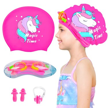 Kids Swim Caps for Girls (Age 2-6), Durable Waterproof Silicone Swimming Cap for Short Hair with Swimming Goggles, Ear Plug and Nose Clip (Rose Red, Large (6-12 Years))