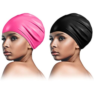 2 Piece Extra Large Swim Cap Long Hair Swimming Cap for Man and Woman Silicone Swimming Cap Waterproof for Dreadlocks, Braids, Curls (Black, Rose Red)