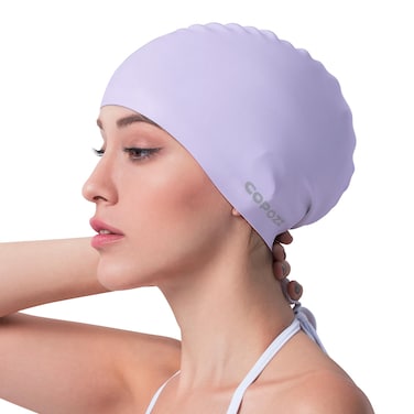 COPOZZ Adult Swim Caps, Silicone Waterproof Comfy Bathing Cap Swimming Hat for Long and Short Hair (Purple-12yrs+)