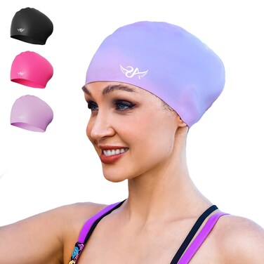 Angel season Swimming Cap for Women, Silicone Swim Cap for Curly Medium Long Hair, Waterproof Swimcap Easy to Put On and Off Keep Your Hair Dry, Purple