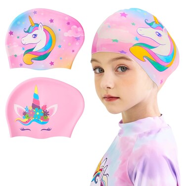 2 Pack Kids Swim Cap Mermaid Unicorn Durable Silicone Swimming Cap for Boys Girls Toddler Waterproof Swimming Cap for Long and Short Hair Bathing Caps to Keep Hair Dry