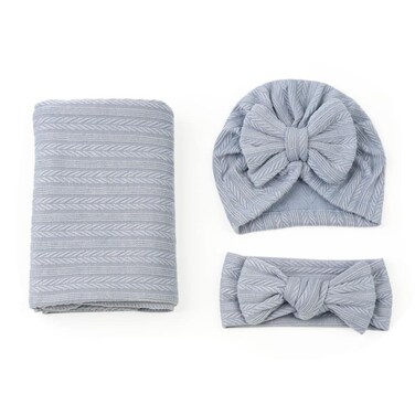 Pink Co. 3 Pc Set Swaddle Blanket, Hat, Bow Headband Set, Swaddling Blanket Set for Baby Girl, Receiveing Blanket, Newborn Swaddle Blanket Set, Newborn Gift Set (Blue)