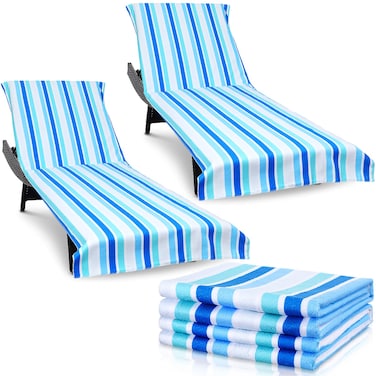 VitalCozy 2 Pcs Lounge Chair Cover Towel 30 x 85 in Microfiber Terry Stripe Beach Chair Cover with Pocket Chaise Lounge Towel Patio Chaise Lounger Covers for Pool Sun Outdoor(Blue)