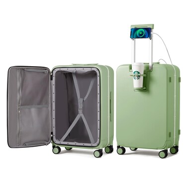 mixi Checked Luggage with Cup Phone Holder and Charger Hard Shell Suitcases with Spinner Wheels, 24 Inch Avocado Green