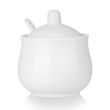 CHILDIKE Ceramic Sugar Bowl with Lid and Spoon, White Porcelain Sugar Salt Pepper Storage Jar, 12 Ounces (White 12 OZ)