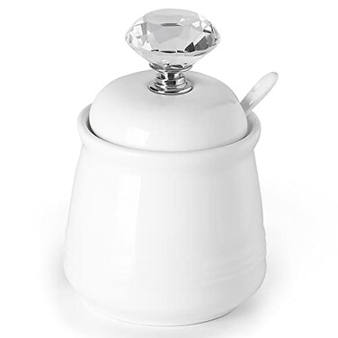 ONTUBE Ceramics Sugar Bowl with Crystal Lid and Spoon 12oz, Silver