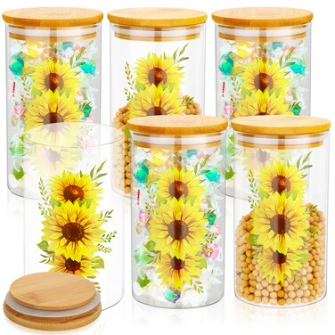 Layhit 6 Pcs Sunflower Glass Canister Set Lemon Canister Kitchen Storage Jars with Airtight Bamboo Lid Clear Sunflower Storage Jars for Coffee Bean Cookie Candy Tea Flour