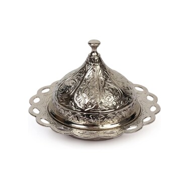 Alisveristime Coated Handmade Brass Sugar Chocolate Candy Bowl Serving Dish with Lid Sugar Container, Sugar Dish with Lid, Salt Bowl, Sugar Holder for Coffee Bar (Kubbeli) (Silver)