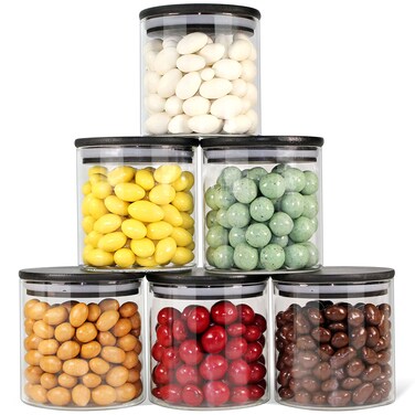 Urban Green Glass Jars with Black Lids, Glass food storage sets with airtight black lids, Glass Canisters Sets with Bamboo Lids, Glass Storage Containers with Bamboo Lids (6 Sets of 20oz)