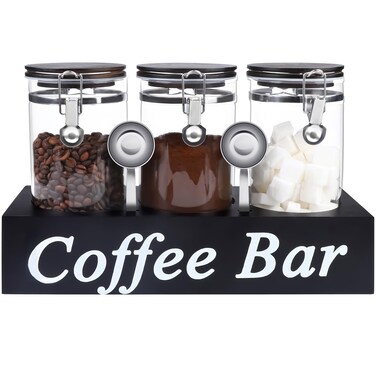 WYTAOHZL 3PCS Glass Coffee Containers with Shelf 54 oz Coffee Station Organizer Glass Coffee Bean Storage with Spoon Coffee Canister Set Jars with Airtight Locking Clamp for Coffee Bean Ground Nuts