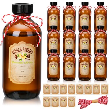 Uiifan 12 Pack Amber Glass Bottle Boston Round Bottles with Caps Brown Vanilla Extract Bottles and 12 Pcs Vanilla Extract Stickers for Syrup Gift Glass Food Storage Canister Set Sauce Beans (8 oz)