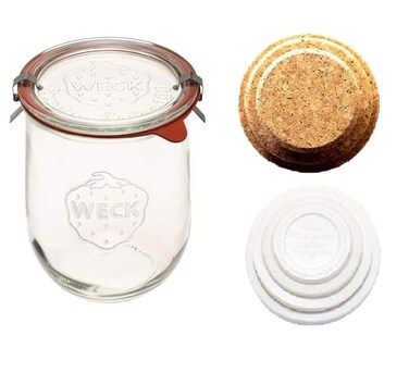 Large Glass Jars for Sourdough - Starter Jar with Glass Lid - Tulip Jar with Wide Mouth - Weck Jars 1 Liter Includes (Cork Lid &amp; Keep Fresh Cover)
