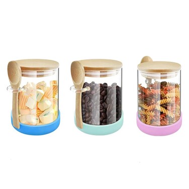Glass Jars with Bamboo Lids and Spoons, 18.26 oz Borosilicate Glass Jars Containers, Airtight Clear Food Storage Canister for Cookie, Candy, Coffee Bean, Sugar, Matcha Tea, Spices, Dry Goods (3 Pack)