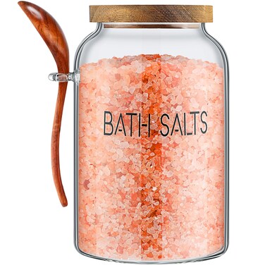 SiliFine 1 Piece 94 oz Bath Salts Glass Jar with Wooden Lid, Bath Salt Container with Scoop, Glass Containers for Bathroom Bath Decor Airtight Storage Bathtub Accessories for Women
