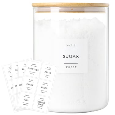 CZSZYGHBAO Large Glass Flour and Sugar Containers Jars with Bamboo Airtight Lid - 100 Fl Oz (3000ml) with Kitchen 42 Pantry Labels for Dry Food, Flour, Pasta, Cereal