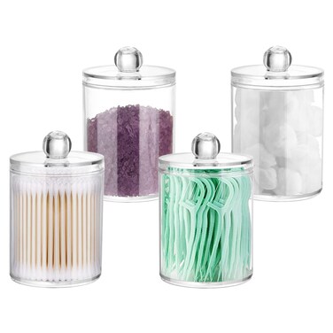 DAPOWER 4 Pack Qtip Holder Storage Canister for Cotton Ball, Cotton Swab, Pads, Floss; 10-Ounce Clear Plastic Apothecary Jar with Lid, Bathroom Makeup Organizer (4)
