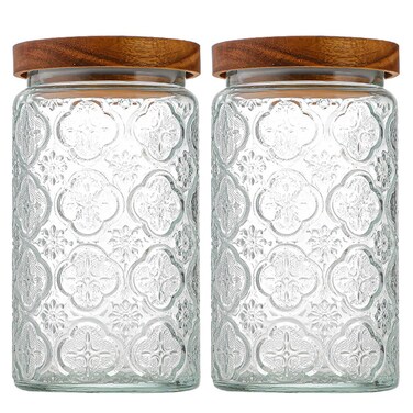 LODIKE 35oz/1000ml Glass Storage Jars with Nature Wood Lids, Airtight Food Storage Containers for Kitchen Organization, Large Capacity for Cookie, Pasta, Sugar, Flour, Cereal - Set of 2