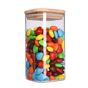 Glass Jar with Lid(27OZ),Clear Glass Food Storage Jar with Airtight Bamboo Lid Square Stackable Kitchen Canister for Candy,Coffee,Cookie,Sugar,Flour,Pasta,Nuts and Spice Jar